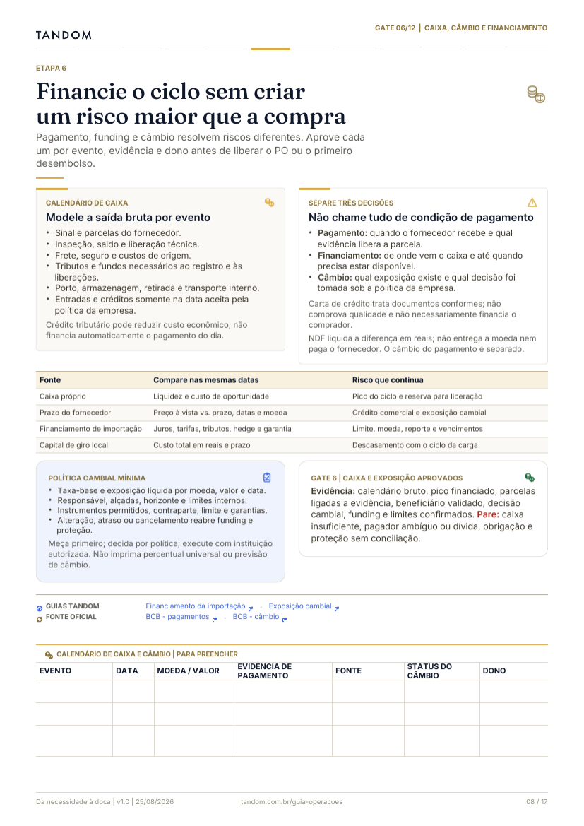 Página do guia sobre caixa, financiamento e câmbio