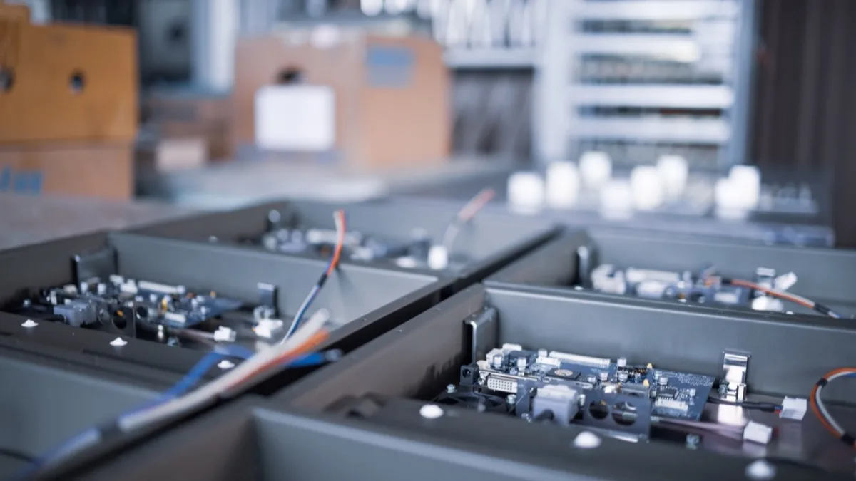 Módulos eletrônicos organizados em uma linha de montagem industrial